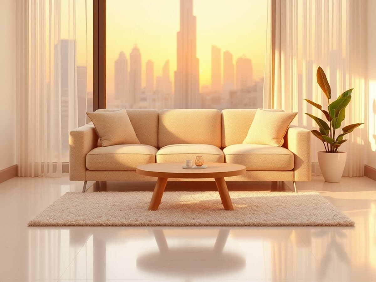 After: Living room with a Dubai skyline view, untidy and then deep cleaned